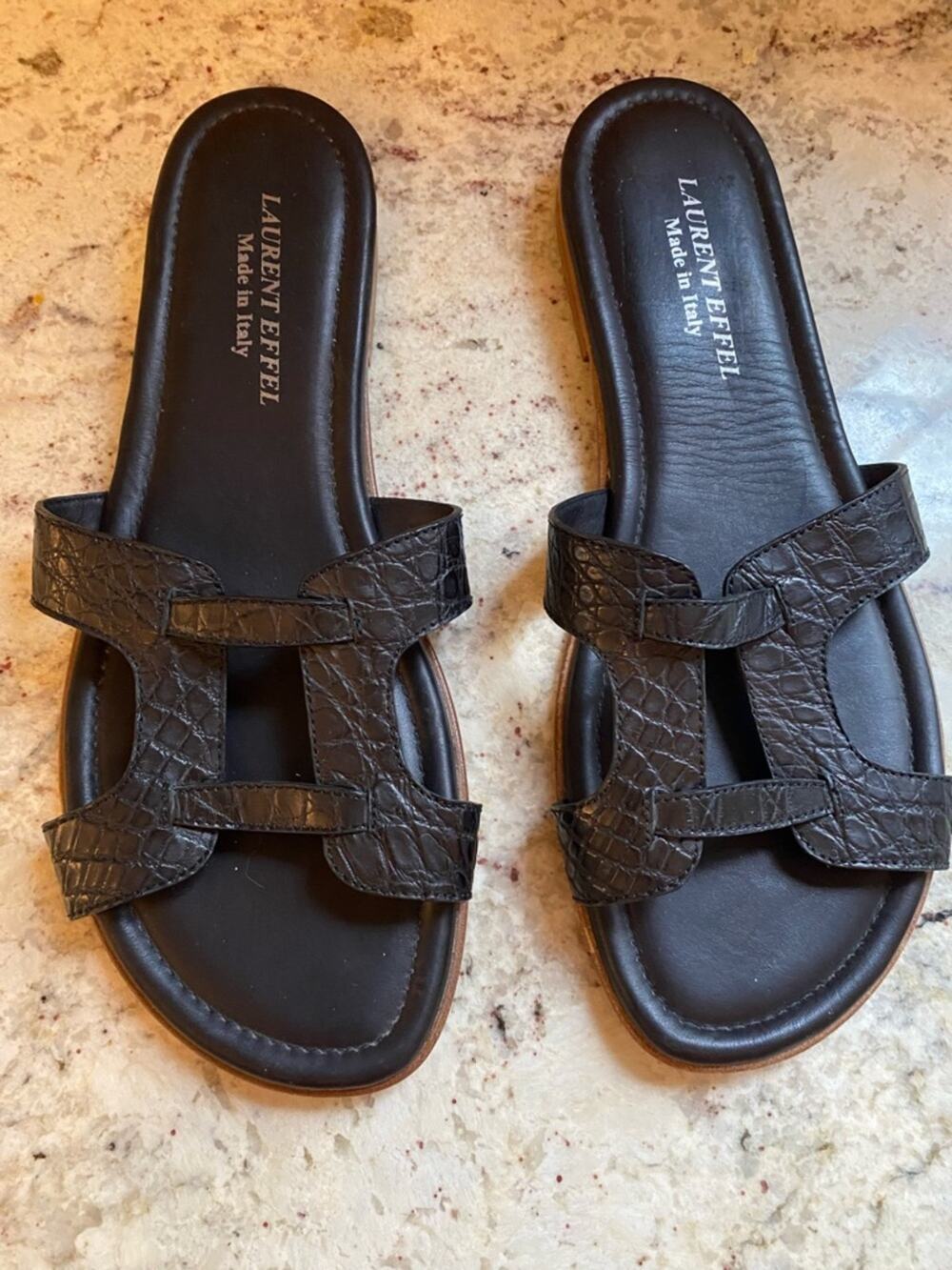 Laurent Effel Black Croc Embossed Leather H Slide Sandal Italy 41 US 10